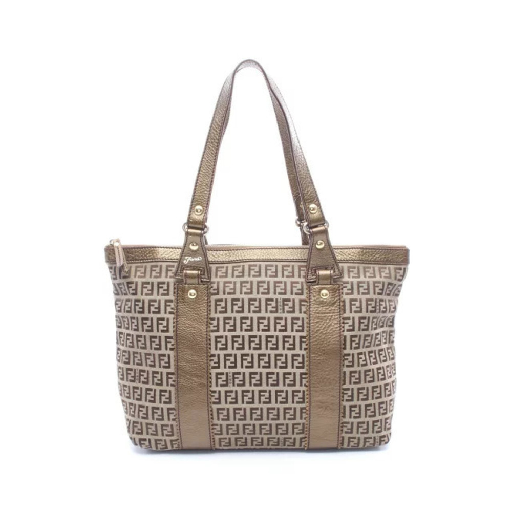 Fendi Zucca Tote Bag Canvas Leather Beige Cream Brown